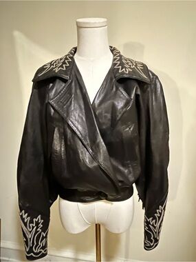 Vintage Claude Montana Black Embroidered Collar Leather Jacket for Women